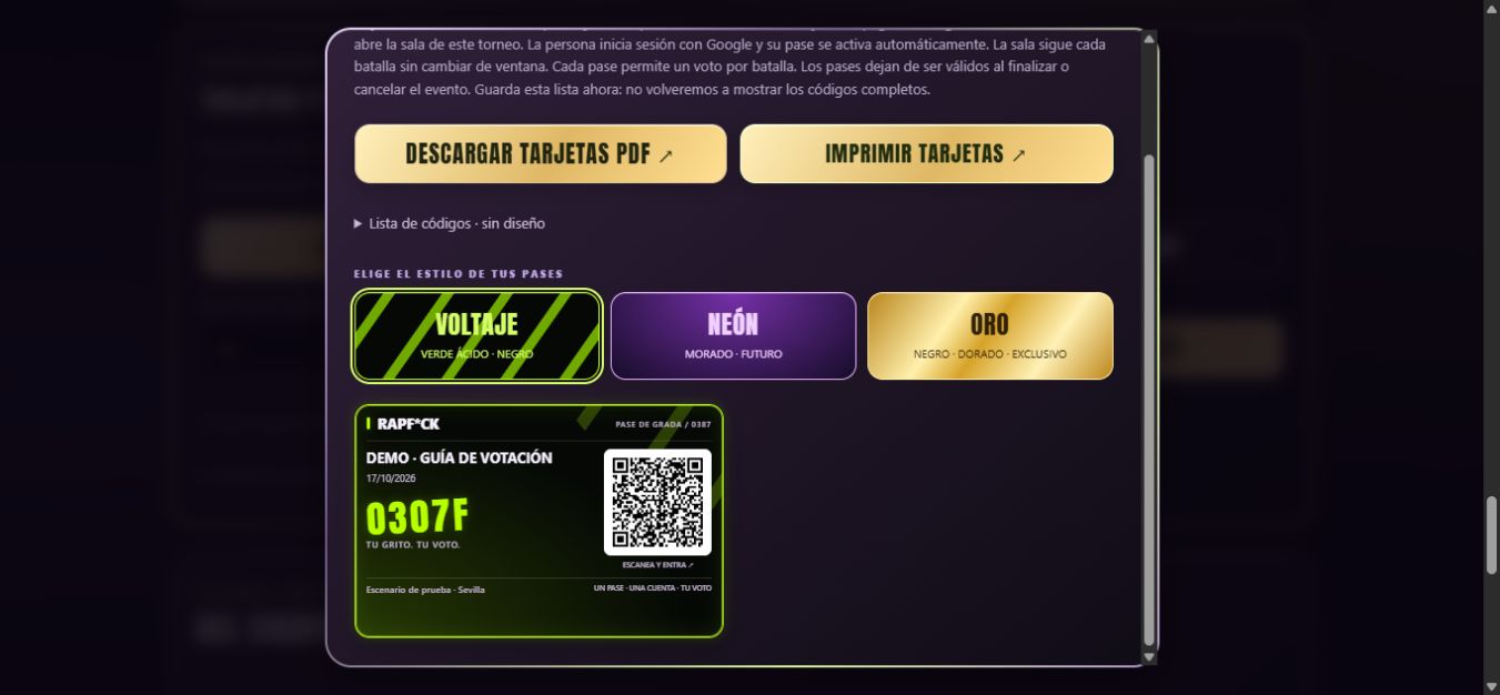 Tarjeta real de demostración RAPF*CK con nombre del torneo, código individual y QR
